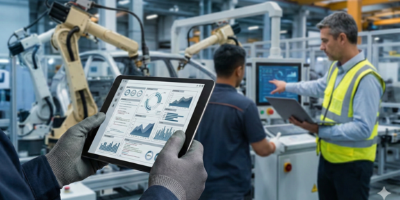 Das Bild zeigt eine subjektive Aufnahme aus einer modernen, hochtechnologisierten Fertigungshalle. Im scharfen Vordergrund sind zwei Hände in grauen, texturierten Arbeitshandschuhen zu sehen, die ein schwarzes Tablet halten. Auf dem Bildschirm des Tablets ist ein komplexes Dashboard mit diversen Datenvisualisierungen in Blau- und Grautönen abgebildet, darunter Kreisdiagramme, Balkendiagramme, Linienkurven und Prozentanzeigen, die vermutlich Produktionskennzahlen überwachen. Im leicht unscharfen Mittelgrund stehen zwei männliche Arbeiter vor einer fest installierten Steuerkonsole mit eigenem Bildschirm. Der linke Arbeiter steht mit dem Rücken zum Betrachter, trägt ein dunkles blaues T-Shirt und hält einen Laptop in der Hand. Ihm gegenüber steht ein Kollege im Profil, der eine leuchtend gelbe Warnweste über einem blauen Hemd trägt und mit der Hand auf den Bildschirm der Steuerkonsole zeigt, als würde er Prozesse erklären oder überwachen. Im Hintergrund dominieren große, gelbe Industrieroboterarme, die an einer Montagelinie – wahrscheinlich in der Automobilindustrie – an silbernen Metallrahmen oder Karosserieteilen arbeiten.
