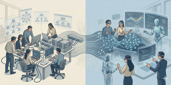 Eine detaillierte, illustrative Komposition, die in zwei thematisch unterschiedliche, aber miteinander verbundene Hälften unterteilt ist, zeigt die Evolution von der traditionellen Informationstechnologie zur fortgeschrittenen, virtuellen künstlichen Intelligenz. Die linke Hälfte, auf einem hellen, cremefarbenen Hintergrund, stellt ein physisches, vernetztes Büro dar. Fünf menschliche Fachleute arbeiten an verschiedenen Aufgaben an einem zentralen, mit Kabeln und Geräten überladenen Tisch. Ein Mann links steht und tippt an einem Laptop, eine Frau sitzt und arbeitet ebenfalls an einem Laptop. In der Mitte und rechts arbeiten weitere Fachleute an Laptops und Desktop-Computern. Der Tisch ist vollgestellt mit Routern, Servern, Switches und Kabeln, die die physische Netzwerkinfrastruktur bilden. Über ihnen schweben drei illustrative Diagramme: links ein Netzwerkdiagramm mit Rechnern, in der Mitte ein hierarchisches Organigramm, und rechts ein weiteres, detailliertes Flussdiagramm. Ein Mann im Hintergrund arbeitet an einem großen Serverschrank. Ein breiter, fließender Strom aus blauen, gewundenen Datenlinien und digitalen Binärcodes fließt vom Switch auf dieser Seite über die Bildmitte nach rechts. Die rechte Hälfte, auf einem hellblauen Hintergrund, zeigt eine futuristische, virtuelle Arbeitsumgebung. Diese Hälfte ist geprägt von virtuellen holografischen Displays, fortschrittlicher Visualisierung und künstlicher Intelligenz. Fünf Figuren bevölkern diesen Raum, von denen vier menschliche Experten sind und zwei humanoide Roboter. Die Menschen tragen alle Virtual-Reality-Headsets (VR-Brillen). Eine Frau rechts und ein Mann vorne steuern mit Gesten virtuelle 3D-Hologramme von komplexen neuronalen Netzwerken, Datenströmen und Wellenmustern. Ein humanoider Roboter steht aufrecht, blickt auf und gestikuliert mit erhobener Hand zu einem der schwebenden Displays, das Code und Daten anzeigt. Ein weiterer, detaillierterer humanoider Roboter steht vorne links und blickt auf eine virtuelle Konsole, auf der eine Frau Code programmiert. Die Displays zeigen komplexe Graphen, Programmiercode und abstrakte mathematische Darstellungen. Der Datenstrom fließt in das zentrale holografische neuronale Netzwerk ein, was die Transformation und Verarbeitung der Daten durch KI darstellt. Die gesamte Szenerie ist in einem klaren, präzisen grafischen Illustrationsstil gehalten, mit einer begrenzten Farbpalette aus Blautönen, Grau und Cremeweiß, und einer hohen Detailtiefe bei allen technischen Elementen und den Interaktionen der Figuren.