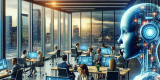 Futuristisches Büro mit Robotern und Menschen