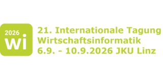 Das Bild zeigt das Logo und den Schriftzug für die 21. Internationale Tagung Wirtschaftsinformatik. Auf der linken Seite befindet sich ein hellgrünes, quadratisches Symbol mit abgerundeten Ecken. Innerhalb dieses Quadrats steht oben links in kleinerer weißer Schrift die Jahreszahl „2026“. Darunter, den unteren Bereich des Quadrats ausfüllend, steht in großer, prägnanter weißer Schrift die Abkürzung „Wi“. Rechts neben diesem Bildzeichen befindet sich ein linksbündiger, dreizeiliger Text in derselben hellgrünen Farbe wie das Quadrat. Die erste Zeile lautet „21. Internationale Tagung“, die zweite Zeile „Wirtschaftsinformatik“ und die dritte Zeile nennt das Datum sowie den Veranstaltungsort: „6.9. - 10.9.2026 JKU Linz“.