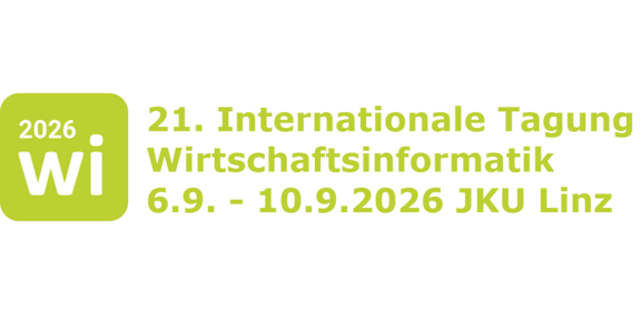 Das Bild zeigt das Logo und den Schriftzug für die 21. Internationale Tagung Wirtschaftsinformatik. Auf der linken Seite befindet sich ein hellgrünes, quadratisches Symbol mit abgerundeten Ecken. Innerhalb dieses Quadrats steht oben links in kleinerer weißer Schrift die Jahreszahl „2026“. Darunter, den unteren Bereich des Quadrats ausfüllend, steht in großer, prägnanter weißer Schrift die Abkürzung „Wi“. Rechts neben diesem Bildzeichen befindet sich ein linksbündiger, dreizeiliger Text in derselben hellgrünen Farbe wie das Quadrat. Die erste Zeile lautet „21. Internationale Tagung“, die zweite Zeile „Wirtschaftsinformatik“ und die dritte Zeile nennt das Datum sowie den Veranstaltungsort: „6.9. - 10.9.2026 JKU Linz“.