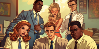 Ankündigung des WI-Studiengangs Das Bild im Stil eines klassischen Comics oder einer Graphic Novel zeigt eine Gruppe von sechs Personen, die in einem sonnendurchfluteten Büro um einen großen Holztisch versammelt sind. Die Szene ist in warmen Farbtönen gehalten, und durch ein großes Fenster im Hintergrund scheint die Nachmittagssonne. Im Vordergrund sitzen drei Personen am Tisch, der mit zahlreichen Dokumenten, Akten und Stiften bedeckt ist. Links sitzt eine Frau mit langen, rötlichen Haaren, die eine weiße Bluse und eine blau-weiß gestreifte Krawatte trägt. Sie blickt direkt zum Betrachter und hält einen Stift in der Hand. In der Mitte sitzt ein Mann mit Brille und hellbraunem Haar in einem hellen Anzug, der konzentriert auf die Papiere vor sich blickt und ebenfalls einen Stift zum Schreiben ansetzt. Rechts von ihm beugt sich ein schwarzer Mann in einem hellgelben Hemd und dunkler Krawatte über die Unterlagen. Hinter diesen drei sitzenden Personen stehen drei weitere. Links steht ein schwarzer Mann in einem blauen Anzug, der sich mit ernster Miene über die Schulter des Mannes in der Mitte beugt, um auf die Dokumente zu schauen. In der Mitte des Hintergrunds steht eine Frau mit blonden Haaren, die eine rote, modische Sonnenbrille und ein rotes Kleid trägt. Sie hat die Hände vor dem Gesicht gefaltet und blickt mit einem neugierigen oder besorgten Ausdruck auf das Geschehen. Ganz rechts steht ein Mann mit dunklem Haar und Brille in einem weißen Hemd mit hochgekrempelten Ärmeln und einer Krawatte. Er hat die Arme verschränkt und blickt mit einem selbstbewussten Ausdruck direkt aus dem Bild. Die Wände des Büros sind mit gerahmten Bildern und Aktenstapeln dekoriert, was die geschäftige Atmosphäre unterstreicht.