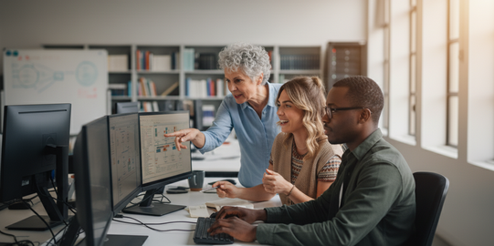 Three people in front of PC monitors